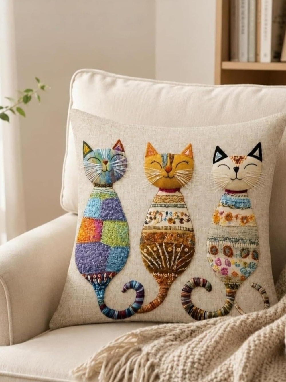 Whimsical Three Cats Embroidered Throw Pillow - Cream